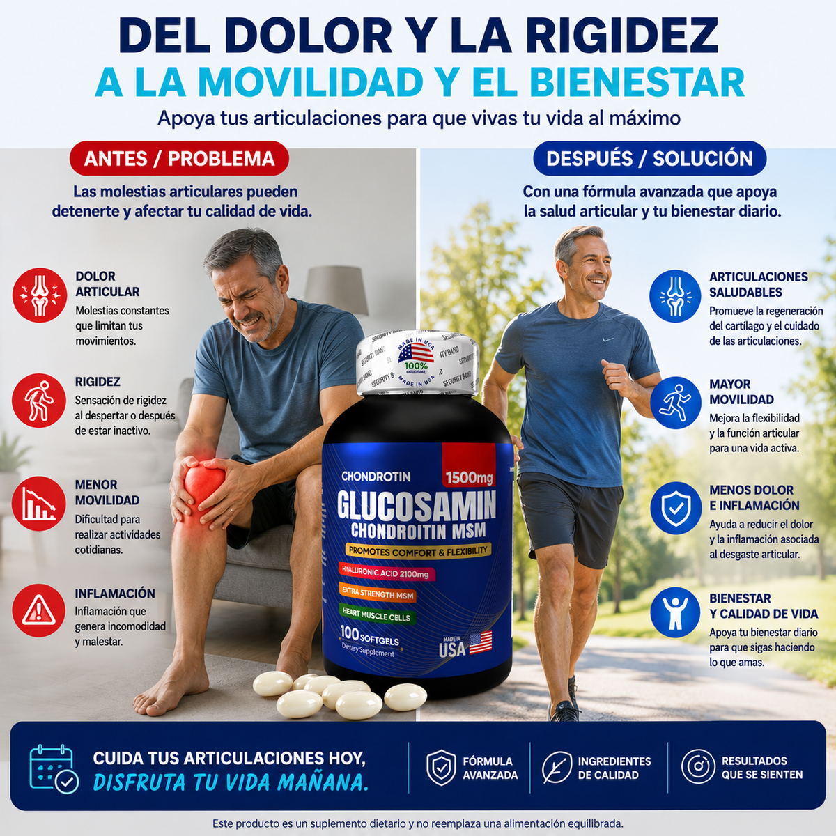 GLUCOSAMINA + ÁCIDO HIALURÓNICO | Alivio Articular y Flexibilidad - 100 Cápsulas