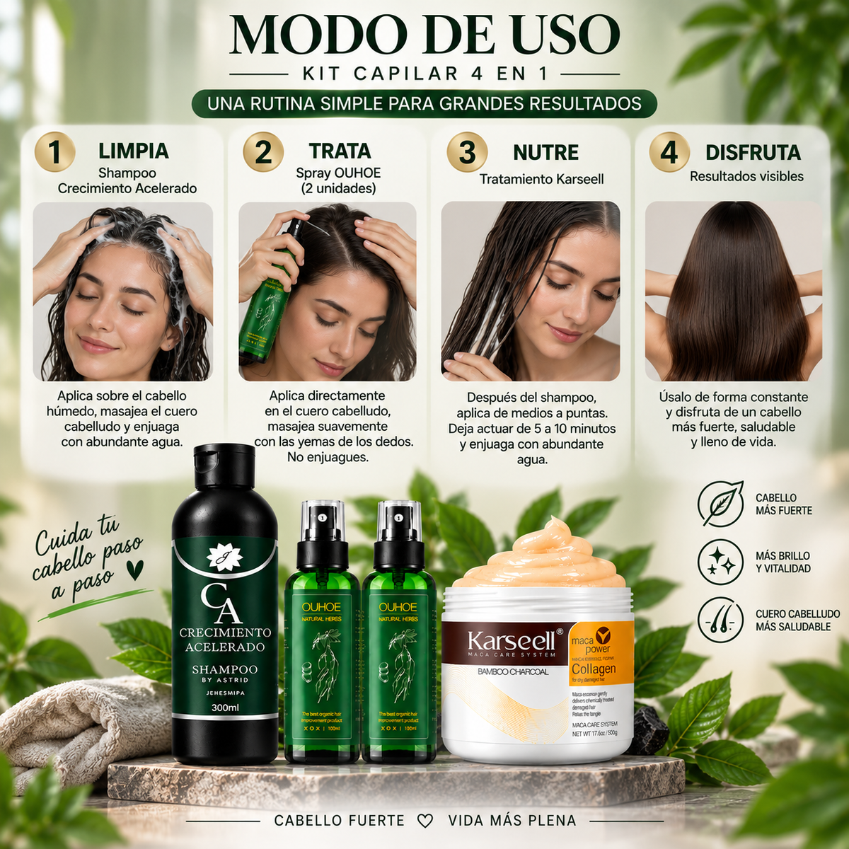 Combo Capilar Anticaída Premium - 2 OUHOE + 1 Crecimiento Acelerado + 1 Karseell