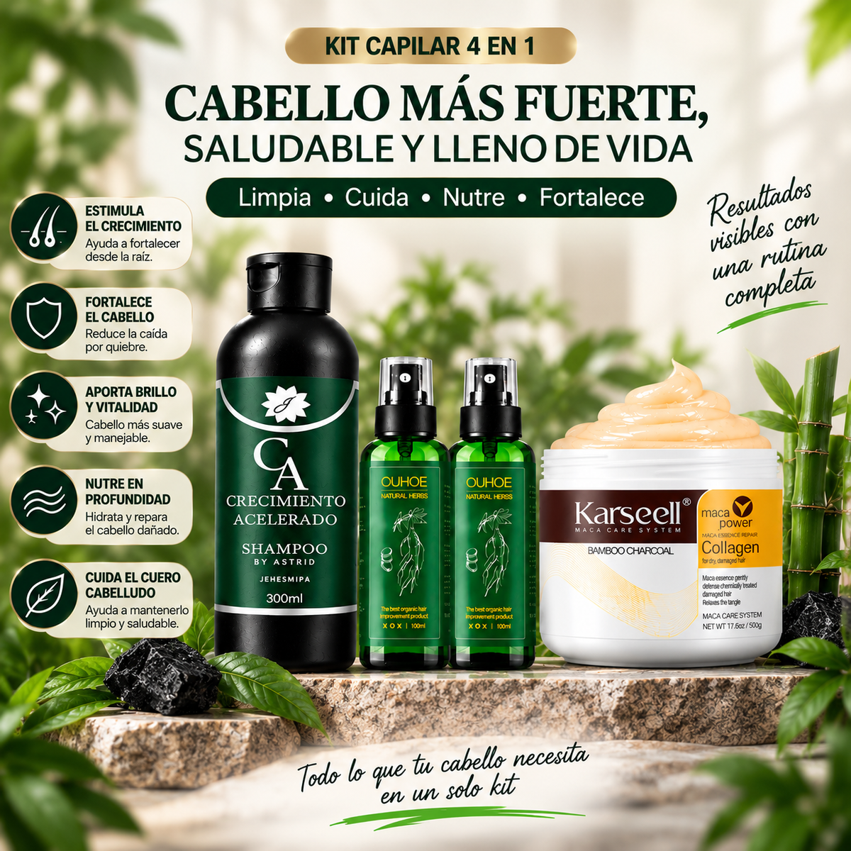 Combo Capilar Anticaída Premium - 2 OUHOE + 1 Crecimiento Acelerado + 1 Karseell