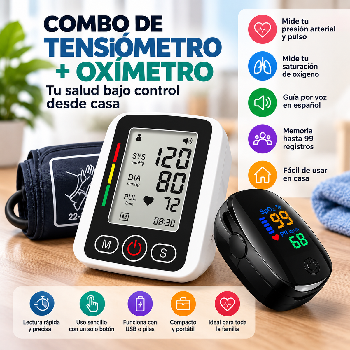 Tensiómetro Digital de Brazo + Oxímetro de Pulso | Monitoreo en Casa