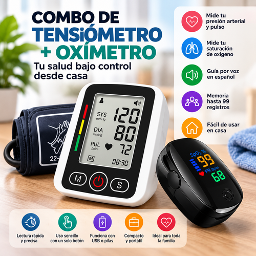 Tensiómetro Digital de Brazo + Oxímetro de Pulso | Monitoreo en Casa
