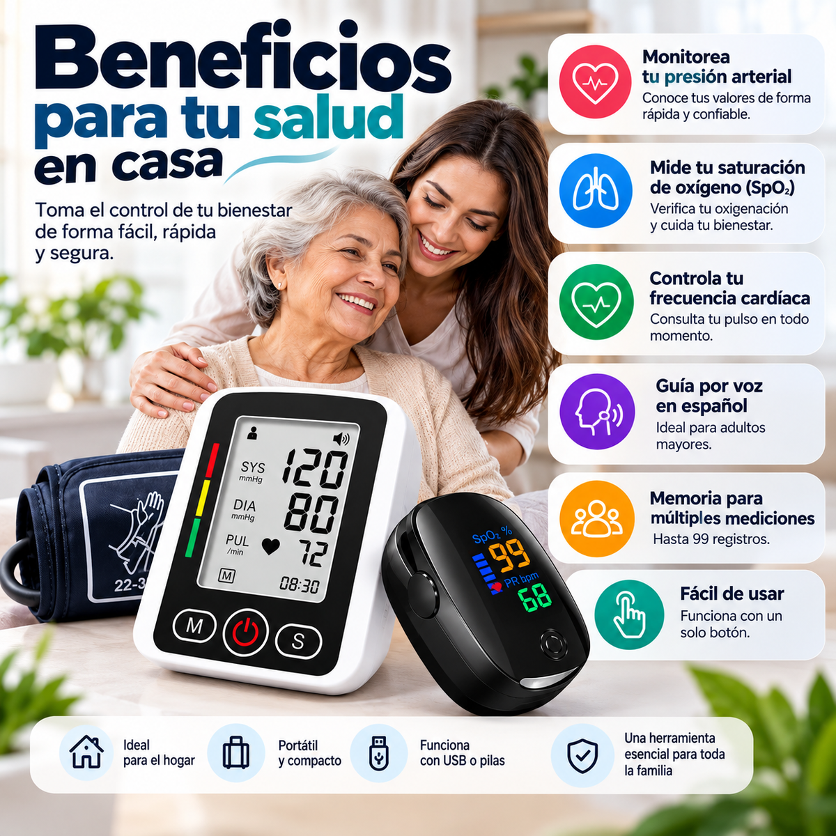Tensiómetro Digital de Brazo + Oxímetro de Pulso | Monitoreo en Casa