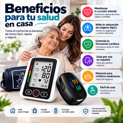 Tensiómetro Digital de Brazo + Oxímetro de Pulso | Monitoreo en Casa