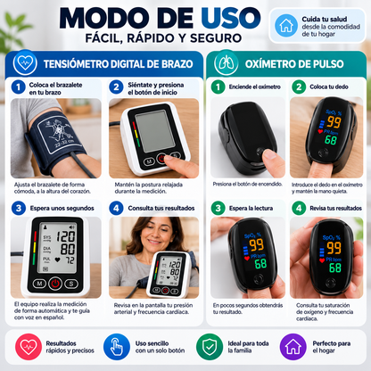 Tensiómetro Digital de Brazo + Oxímetro de Pulso | Monitoreo en Casa
