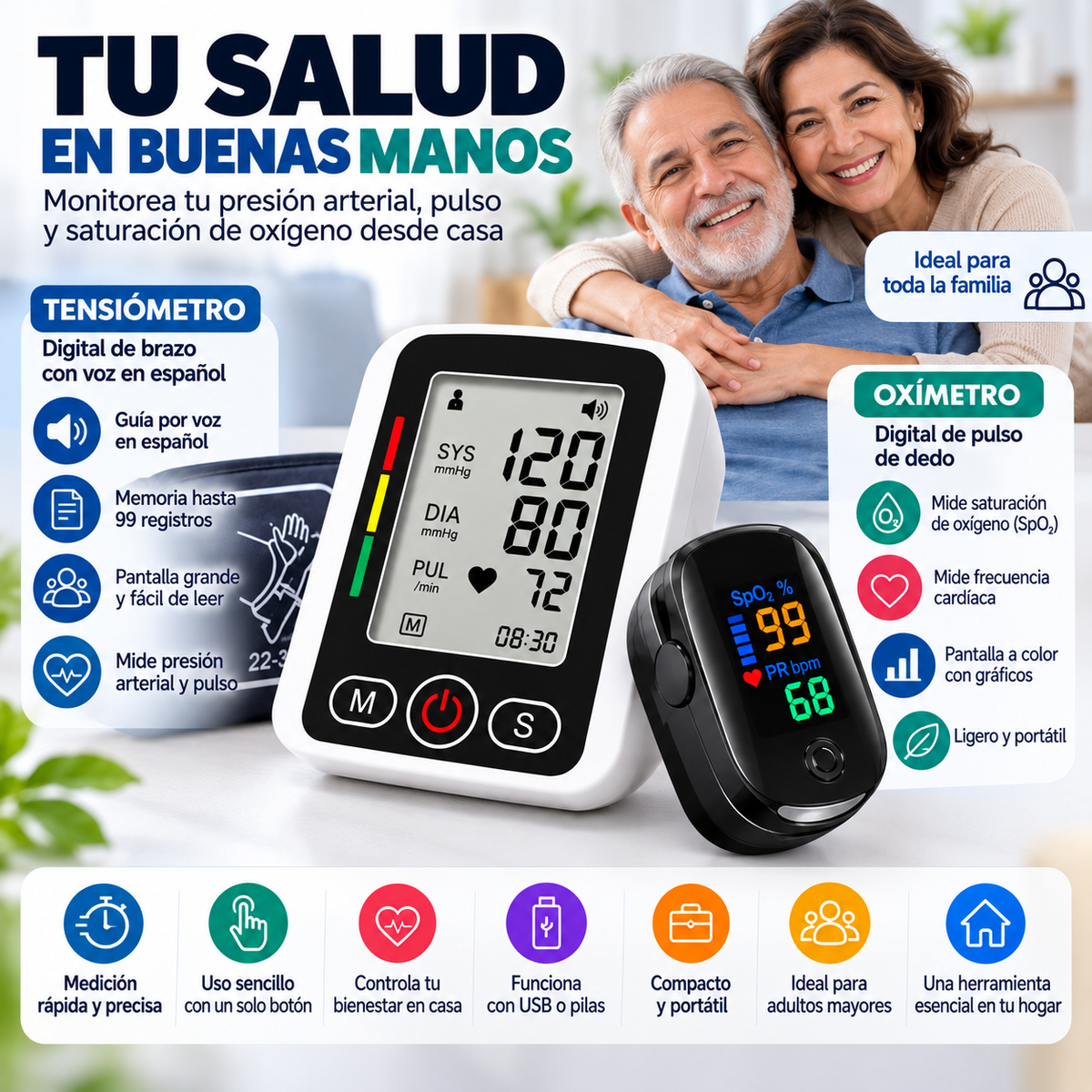 Tensiómetro Digital de Brazo + Oxímetro de Pulso | Monitoreo en Casa