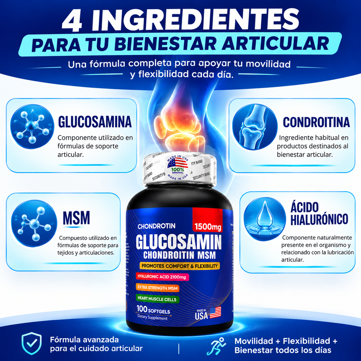 GLUCOSAMINA + ÁCIDO HIALURÓNICO | Alivio Articular y Flexibilidad - 100 Cápsulas