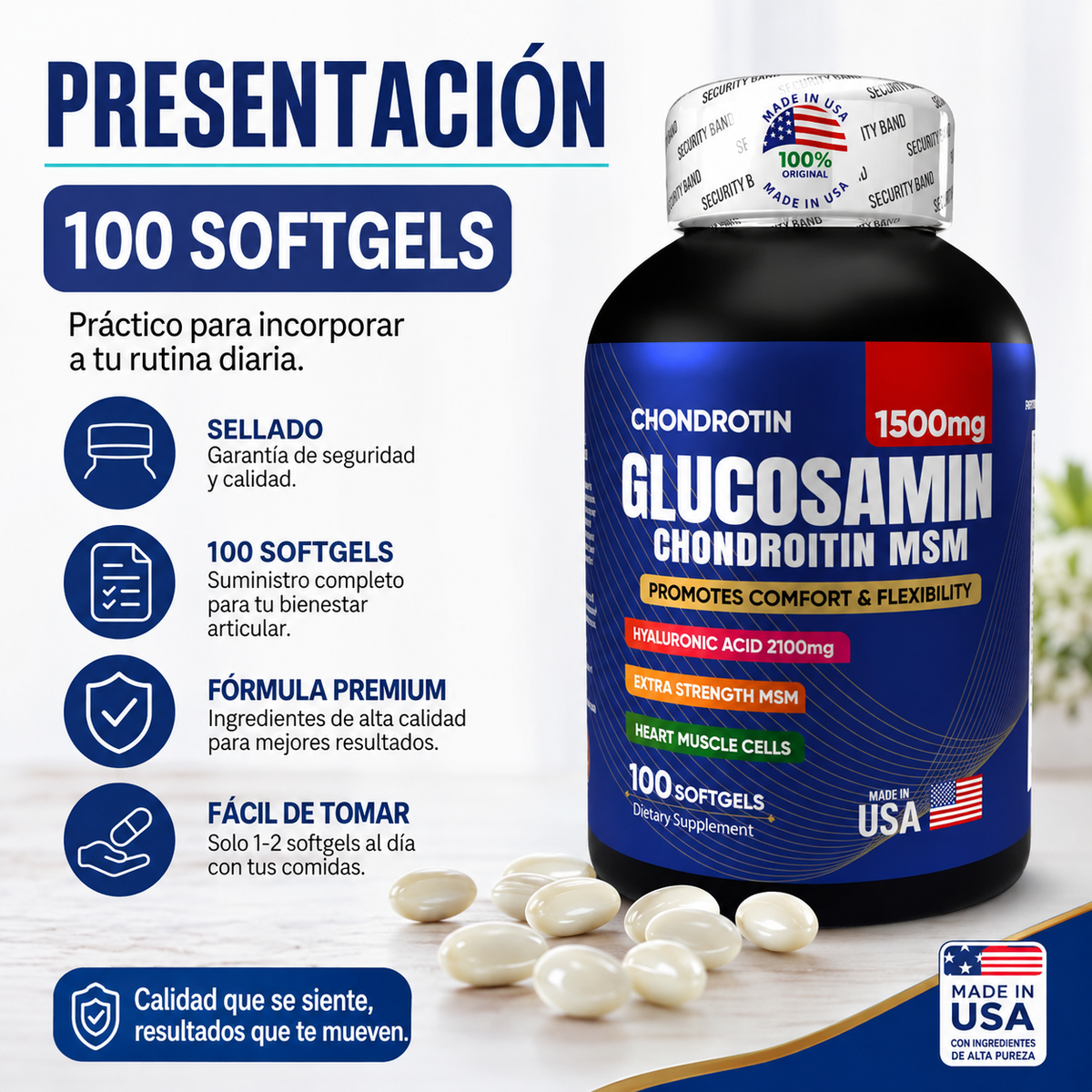 GLUCOSAMINA + ÁCIDO HIALURÓNICO | Alivio Articular y Flexibilidad - 100 Cápsulas