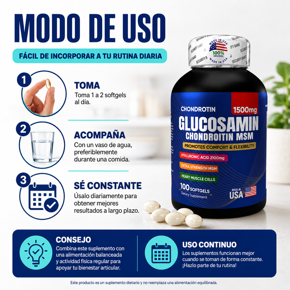 GLUCOSAMINA + ÁCIDO HIALURÓNICO | Alivio Articular y Flexibilidad - 100 Cápsulas