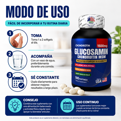 GLUCOSAMINA + ÁCIDO HIALURÓNICO | Alivio Articular y Flexibilidad - 100 Cápsulas
