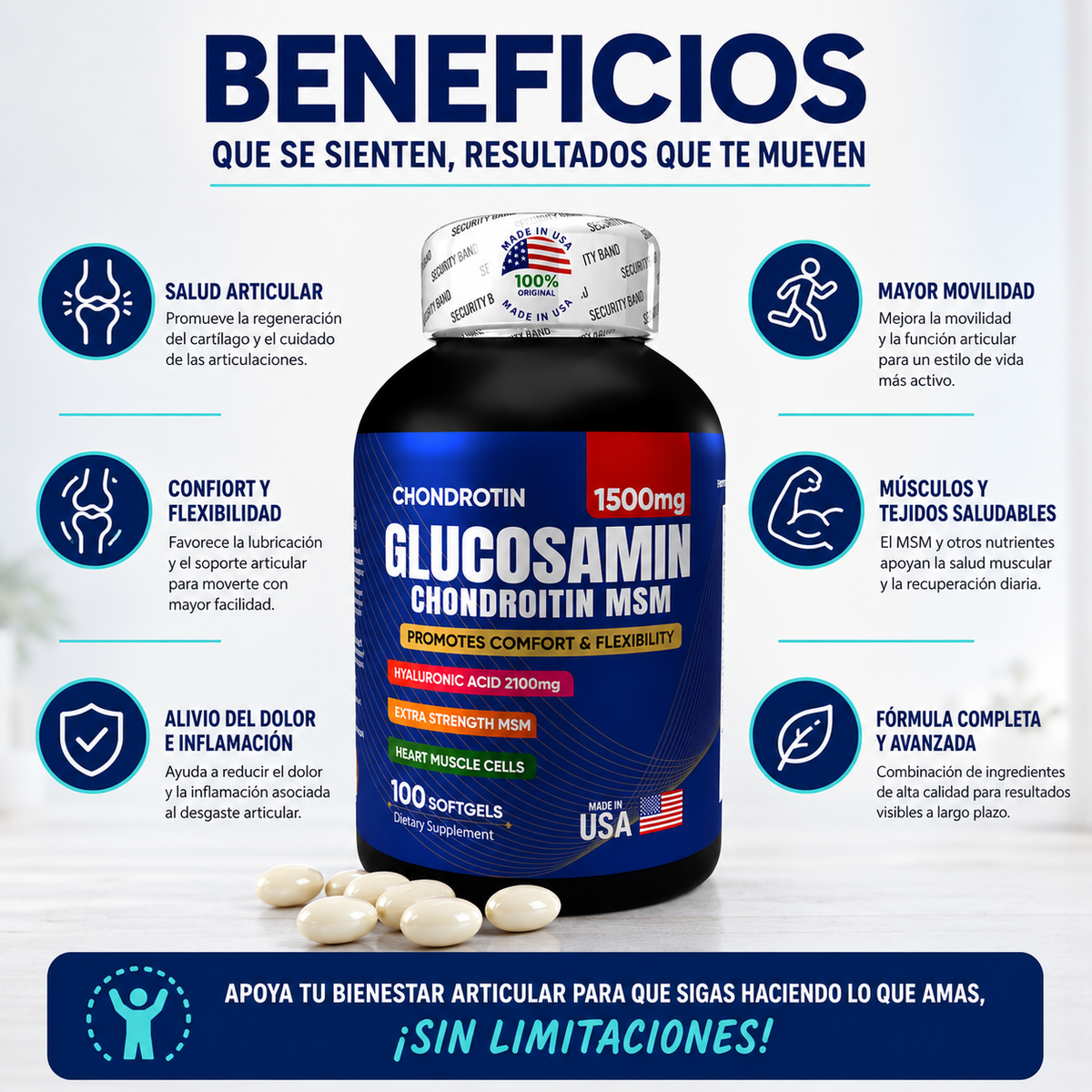 GLUCOSAMINA + ÁCIDO HIALURÓNICO | Alivio Articular y Flexibilidad - 100 Cápsulas
