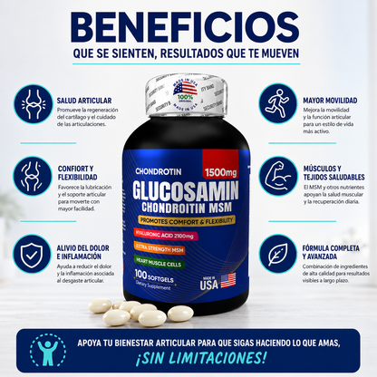 GLUCOSAMINA + ÁCIDO HIALURÓNICO | Alivio Articular y Flexibilidad - 100 Cápsulas