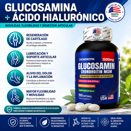 GLUCOSAMINA + ÁCIDO HIALURÓNICO | Alivio Articular y Flexibilidad - 100 Cápsulas