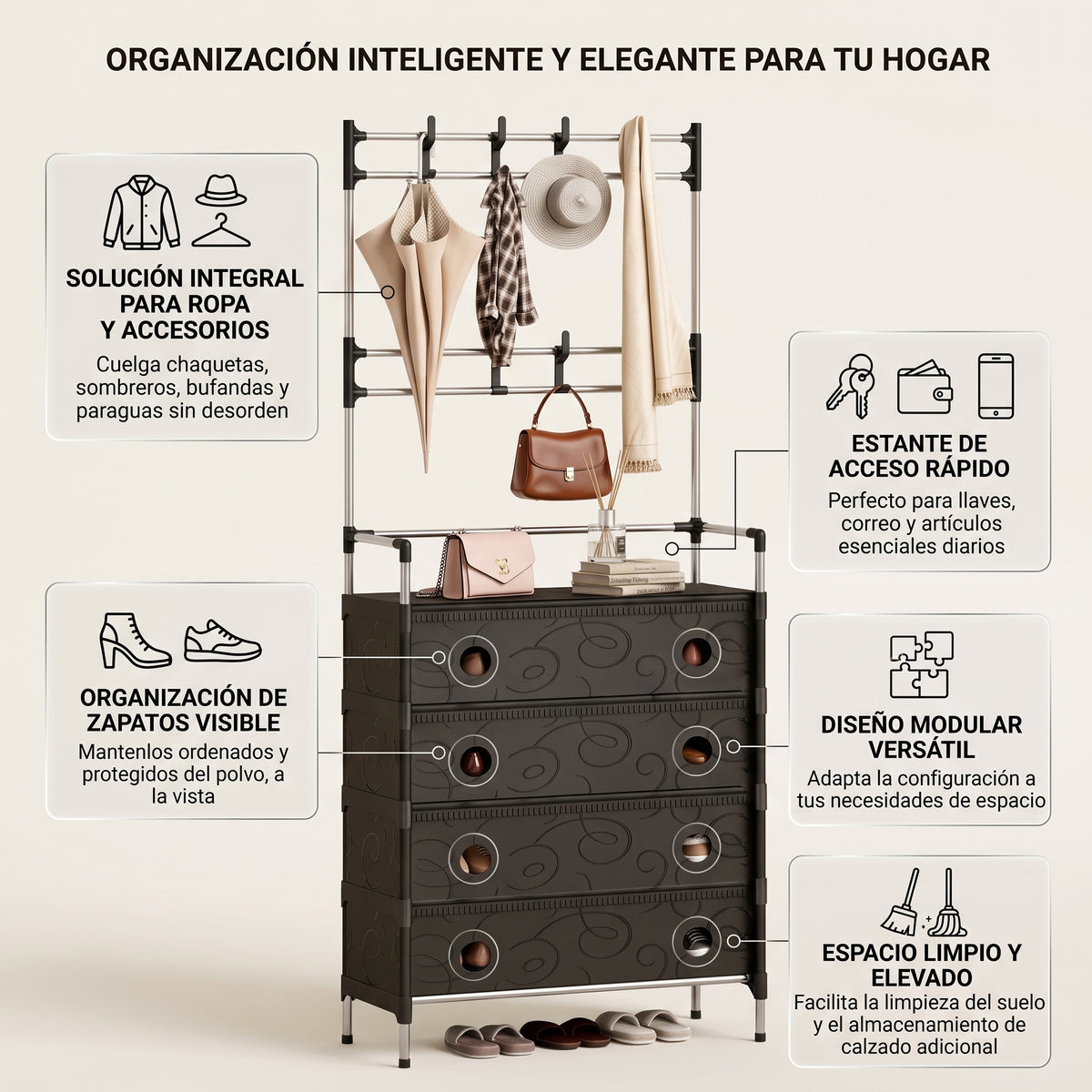 Zapatero Multifuncional 5 Niveles + Perchero con 8 Ganchos | Organiza Zapatos, Ropa y Accesorios