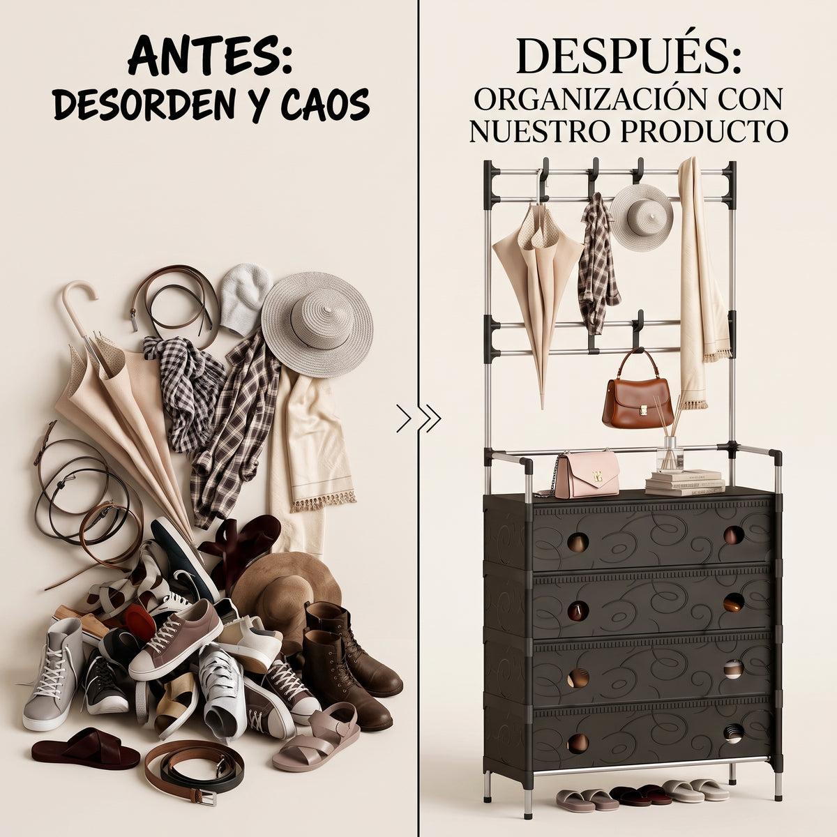 Zapatero Multifuncional 5 Niveles + Perchero con 8 Ganchos | Organiza Zapatos, Ropa y Accesorios