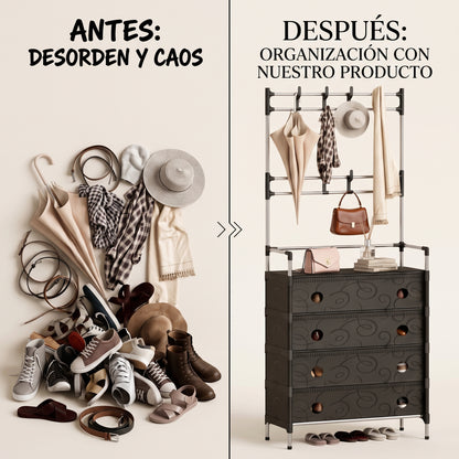Zapatero Multifuncional 5 Niveles + Perchero con 8 Ganchos | Organiza Zapatos, Ropa y Accesorios